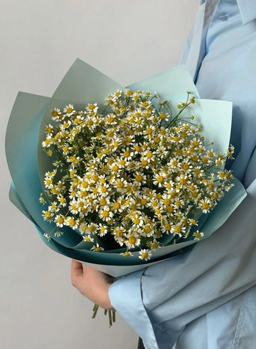 Букет «13 веток кустовой ромашки в голубой упаковке» от интернет-магазина цветов в 